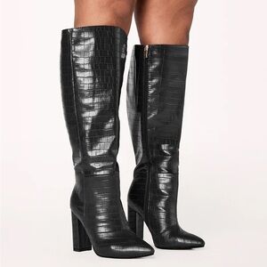 Billini Milla Black Croc Embossed Knee High Boots Block Heel Size 9